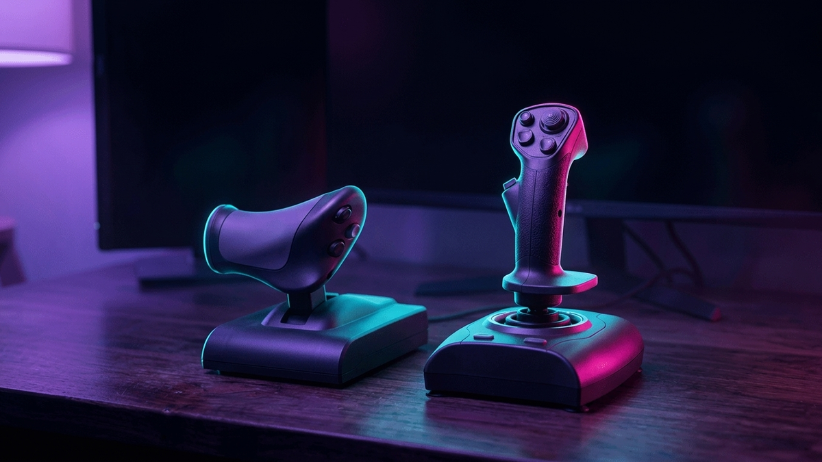 Illustration: ein Schubhebel mit breitem Griff neben einem Joystick auf einer Tischplatte, im Hintergrund ein dunkler Bildschirm