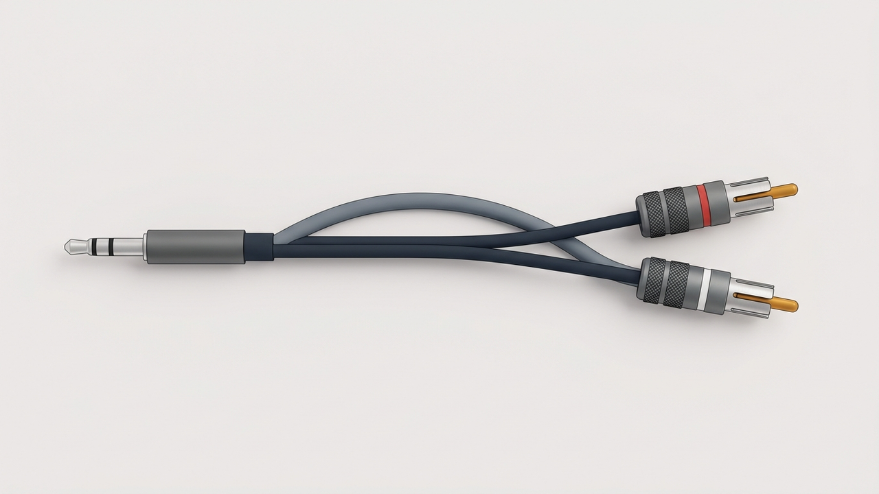 Illustration: ein Kabel, das links in einem schmalen runden Stift mit zwei Trennringen endet und sich rechts in zwei kurze Stecker mit geschlitzter Hülse teilt, einer mit rotem, einer mit weißem Ring