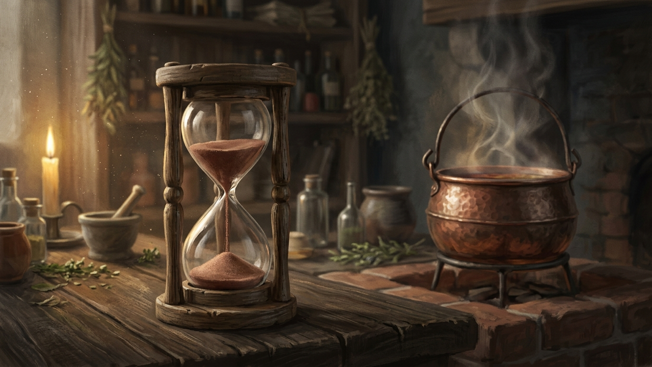 Illustration: eine hölzerne Sanduhr neben einem köchelnden Kessel
