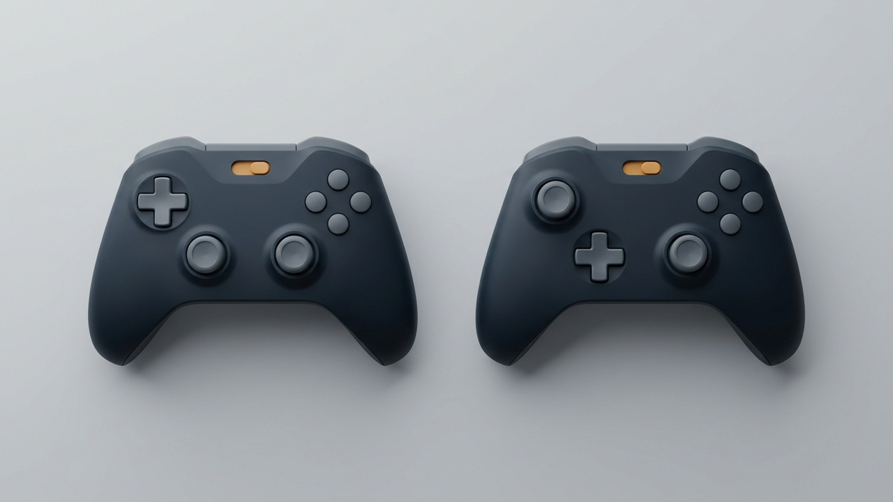 Illustration: zwei Gamepads von oben nebeneinander, beim linken liegen beide Sticks unten auf einer Linie, beim rechten sitzt der linke Stick oben und das Steuerkreuz darunter