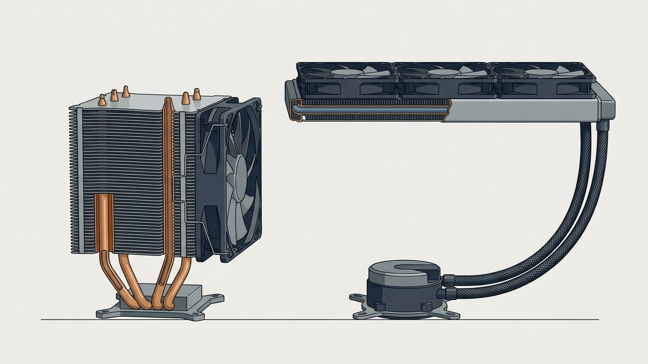 Illustration: die zwei Bauformen der Prozessorkühlung nebeneinander — links ein Turmkühler mit Lamellenblock und Heatpipes, rechts eine Kompaktwasserkühlung mit Pumpe, Schläuchen und Radiator