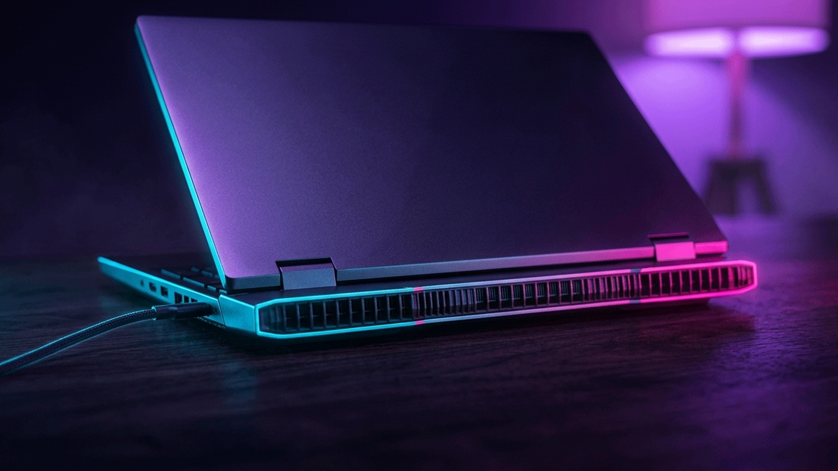 Illustration: Rückansicht eines aufgeklappten Gaming-Laptops mit breiten Lüftungsschlitzen an der Hinterkante
