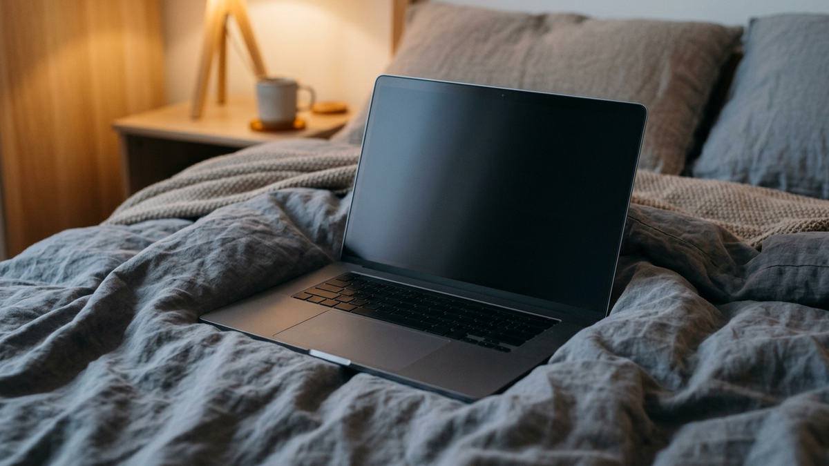 Illustration: ein aufgeklappter Laptop mit dunklem Bildschirm steht auf einer weichen Bettdecke, die sich um seine Unterseite wölbt