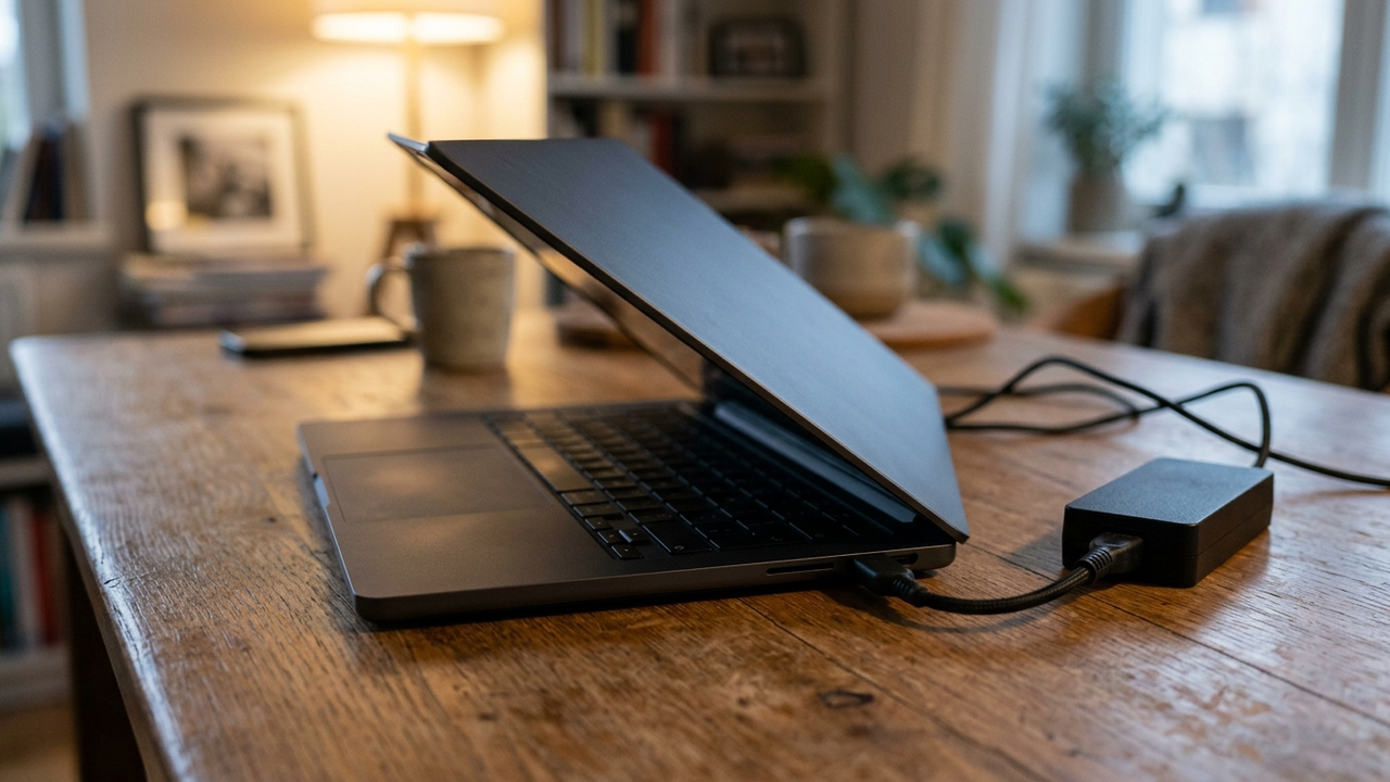 Illustration: ein halb geöffneter Laptop von der Seite auf einem Schreibtisch, daneben das eingesteckte Netzteil