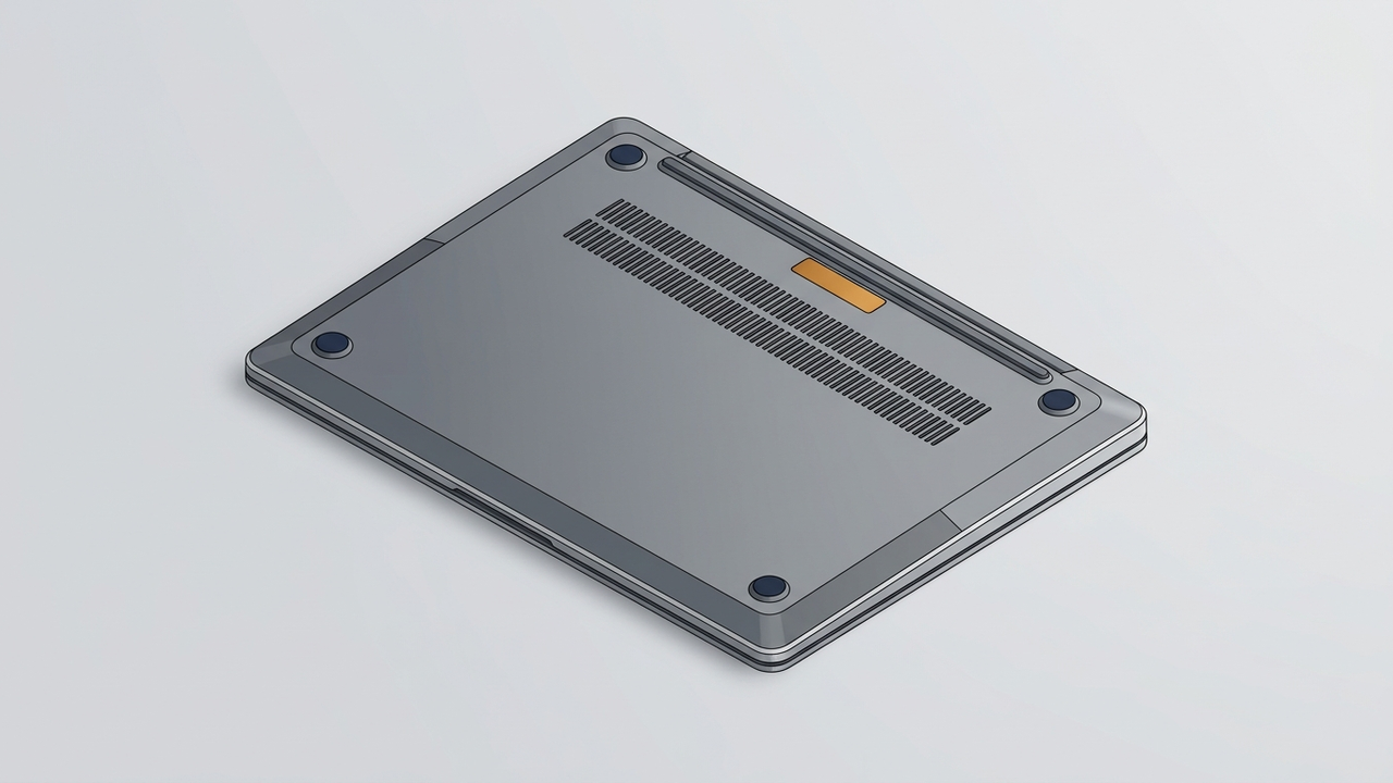 Illustration: die Unterseite eines geschlossenen Laptops von schräg oben, zwei längliche Lüftungsgitter und vier Gummifüße