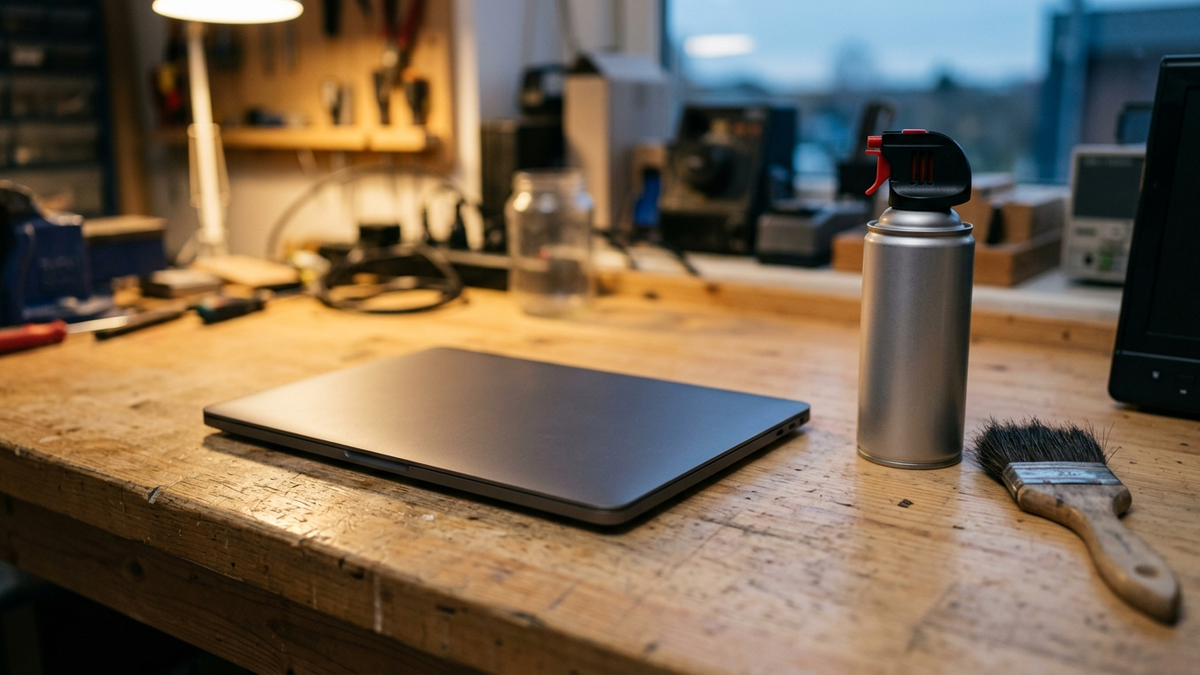 Illustration: ein zugeklappter Laptop liegt auf einer hellen Werkbank neben einer Druckluftdose und einem weichen Pinsel