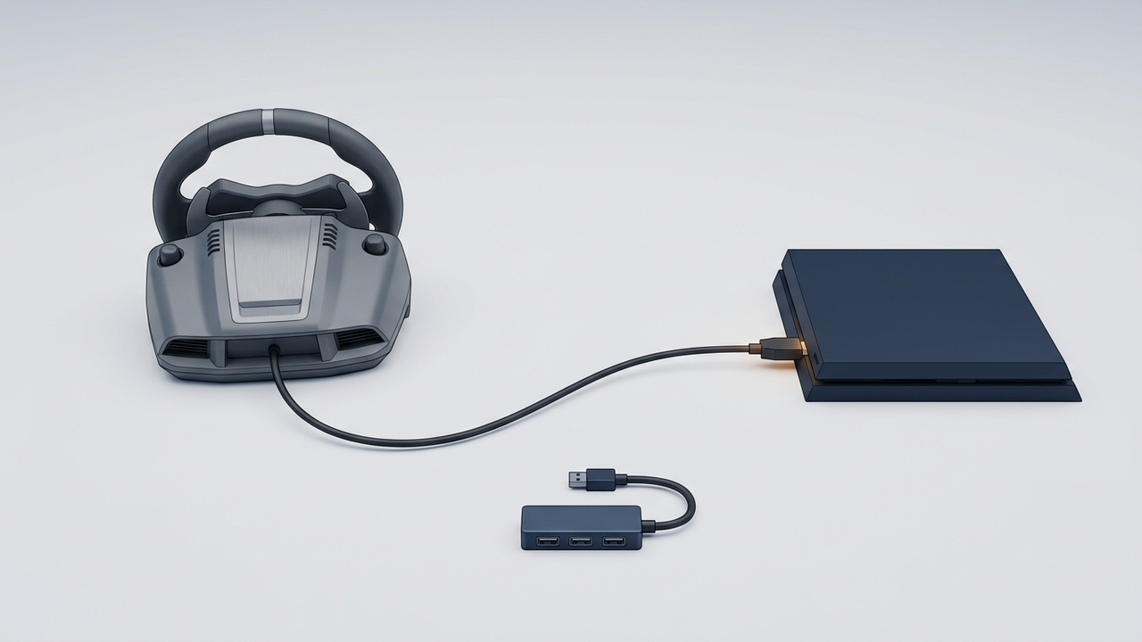 Illustration: ein einzelnes Kabel führt von der Basis eines Lenkrads ohne Umweg in die Buchse einer liegenden Spielkonsole, daneben liegt ein unbenutzter USB-Verteiler