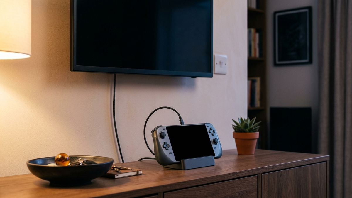 Illustration: ein Handheld-Spielgerät steht abends in einer kleinen Dockingstation auf einem Sideboard, ein Kabel führt zu einem dunklen Fernseher an der Wand