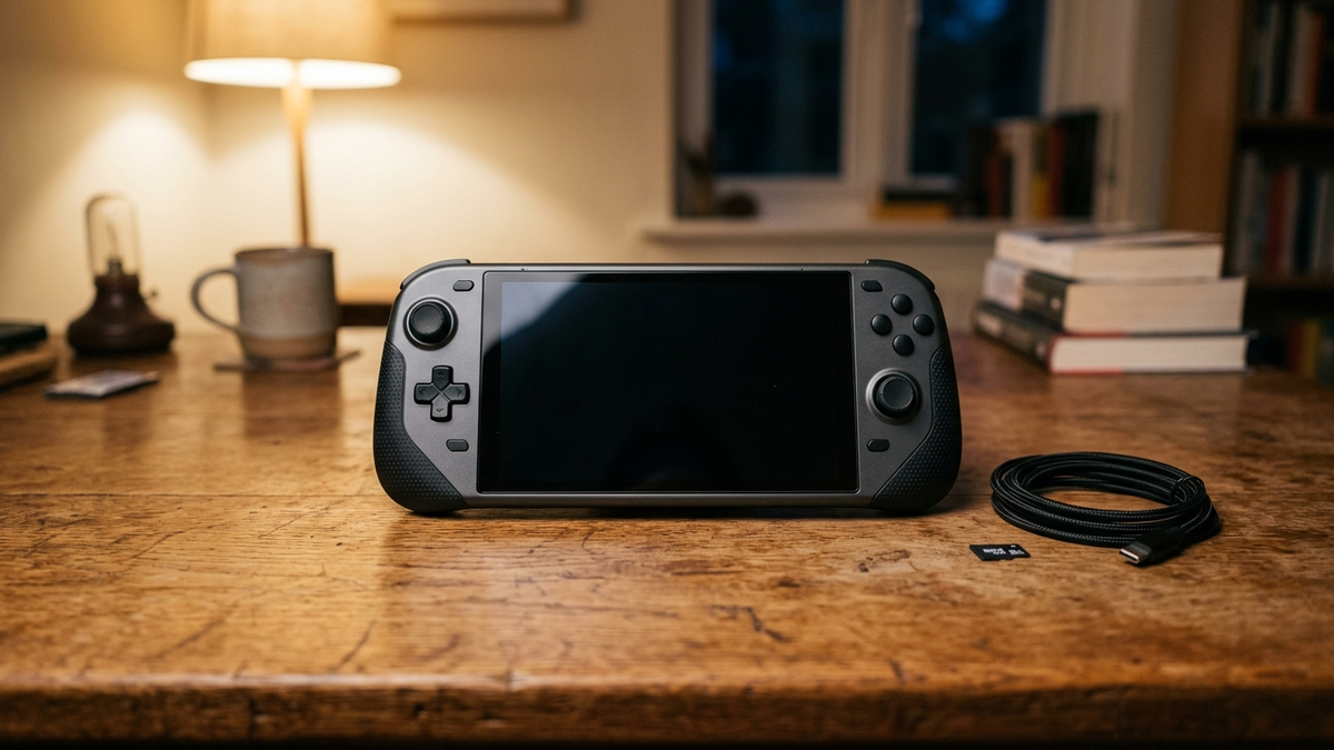 Illustration: ein Handheld-Spielgerät mit Griffen und dunklem Bildschirm liegt abends auf einem Holzschreibtisch, daneben ein aufgerolltes USB-C-Kabel und eine Speicherkarte