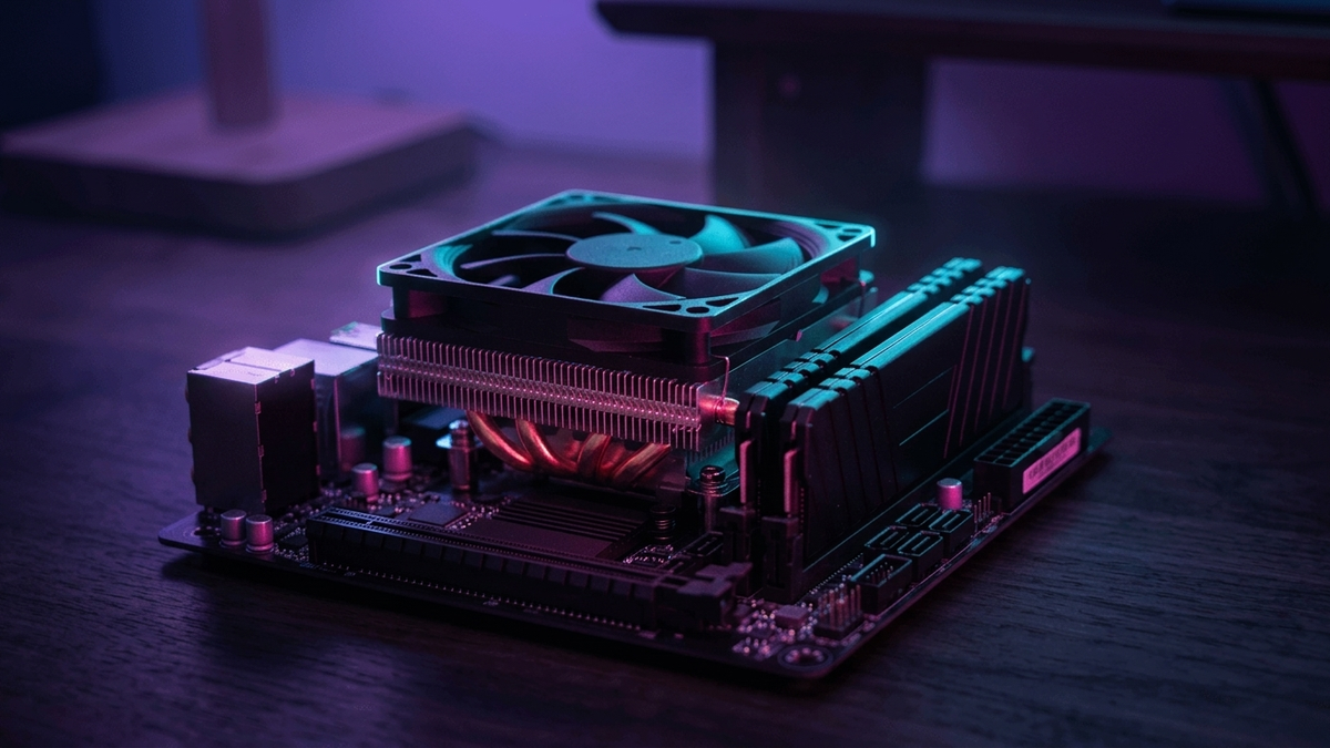 Illustration: Seitenansicht eines flachen CPU-Kühlers auf einem kleinen Mainboard neben Speicherriegeln