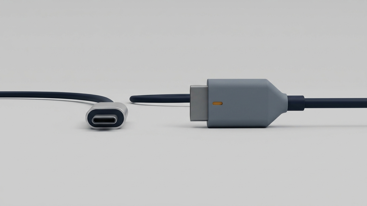 Illustration: zwei Kabelstecker nebeneinander — links ein kleiner ovaler Stecker mit dünnem Kabel, rechts ein deutlich größerer, breiter rechteckiger Stecker