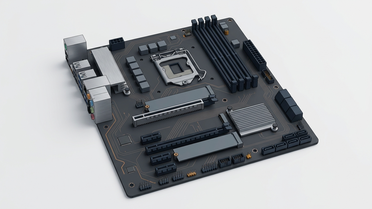 Illustration: ein Mainboard von schräg oben mit Prozessorsockel, vier Speicherslots, Erweiterungssteckplätzen, einem Kühlblech und Anschlüssen an den Rändern