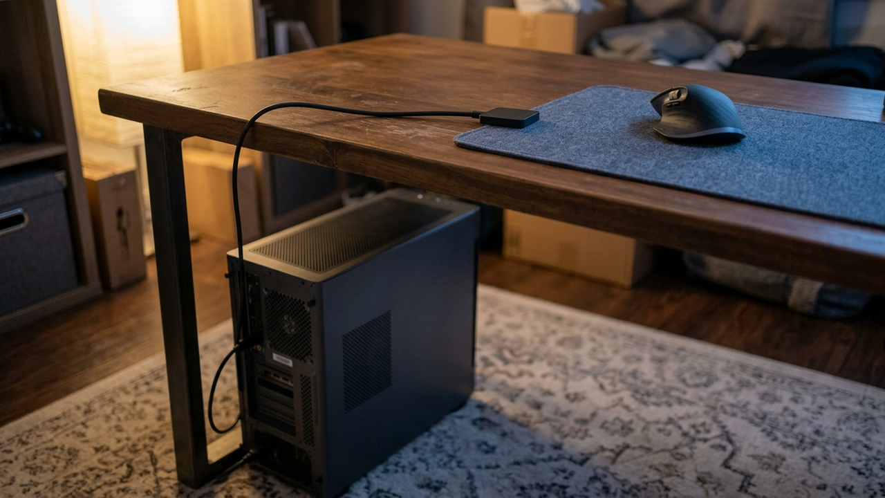 Illustration: ein Tower-Gehäuse unter dem Schreibtisch, von der Rückseite führt eine kurze USB-Verlängerung nach oben auf die Tischplatte, an deren Ende ein kleiner Funkempfänger neben dem Mauspad liegt