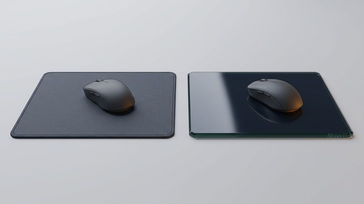 Illustration: zwei gleich große Mauspads nebeneinander, links ein mattes dunkelgraues Stoffpad mit sichtbarem Gewebe und genähtem Rand, rechts eine glänzende Glasplatte mit sichtbarer Kante, in der sich die Maus spiegelt