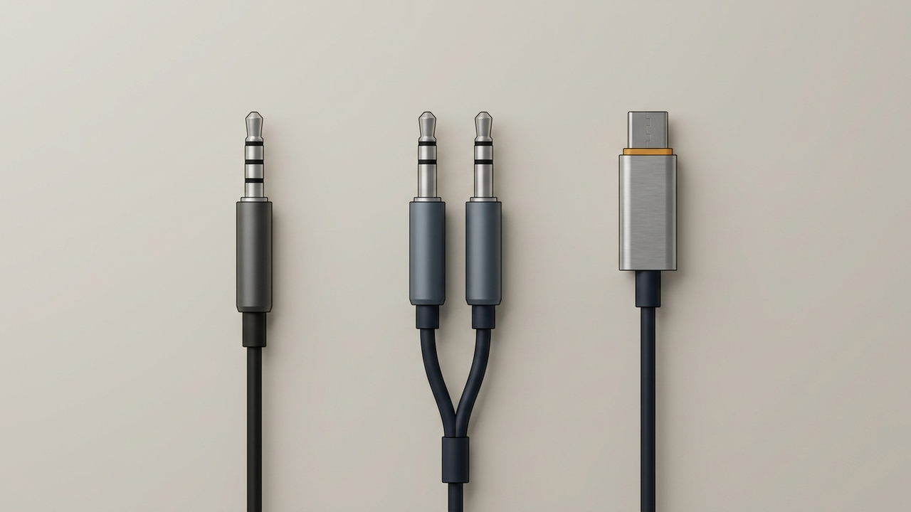 Illustration: links ein Klinkenstecker mit drei schwarzen Ringen am Schaft, in der Mitte zwei Klinkenstecker mit je zwei Ringen an einem Y-förmigen Adapterkabel, rechts ein USB-Stecker