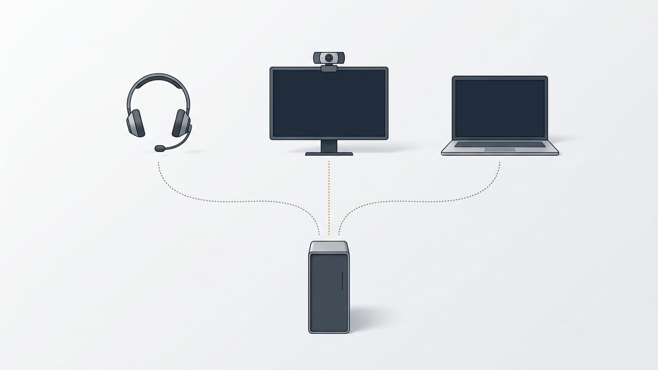Illustration: nebeneinander ein Headset, eine Webcam auf dem Rand eines dunklen Monitors und ein aufgeklapptes Notebook, von jedem geht eine gepunktete Linie hinunter zu einem Rechner