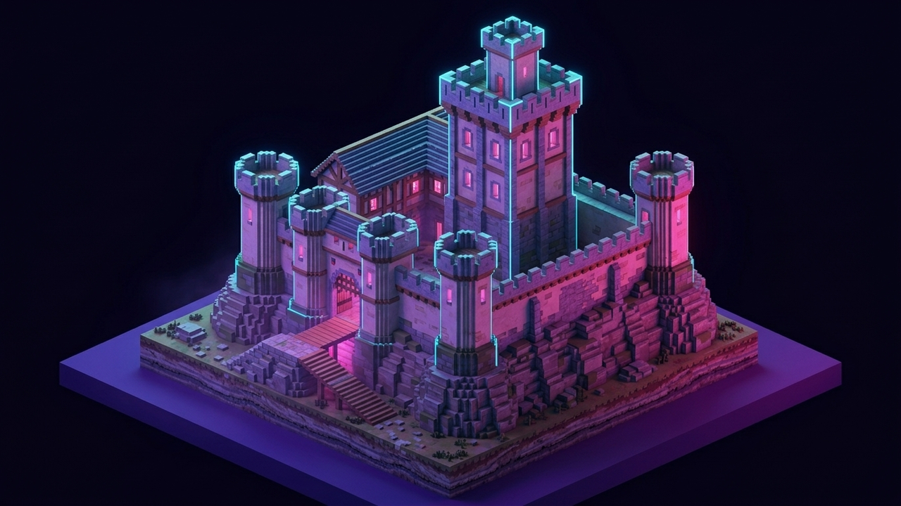 Illustration: Voxel-Burg auf einem Felsen mit Ringmauer, Torhaus, Ecktürmen und höherem Bergfried