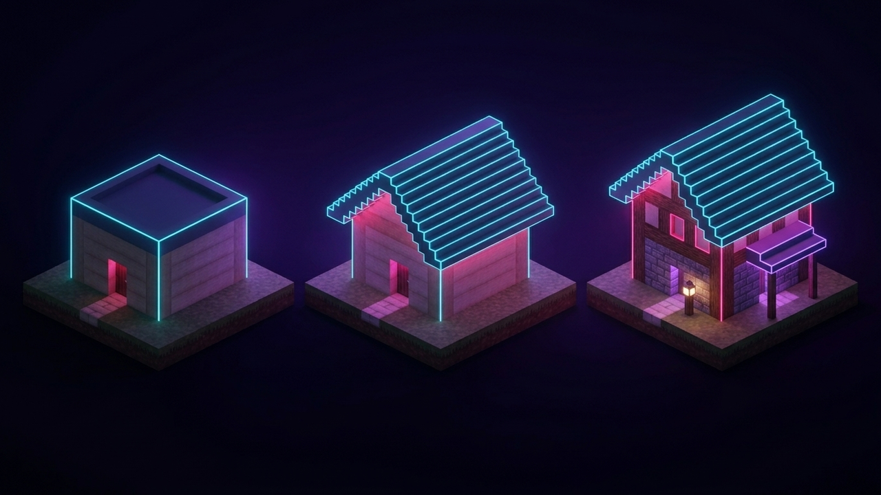 Illustration: dasselbe Voxel-Haus dreimal — flacher Kasten, dann mit Dachüberstand, dann mit Materialwechsel und Vordach