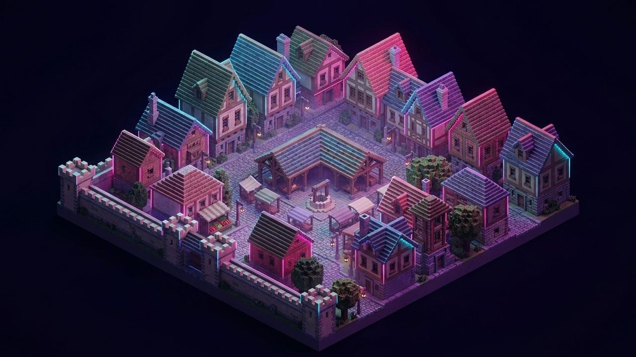Illustration: Voxel-Stadtviertel von schräg oben mit Marktplatz, Gassen, unterschiedlich hohen Häusern und Stadtmauer