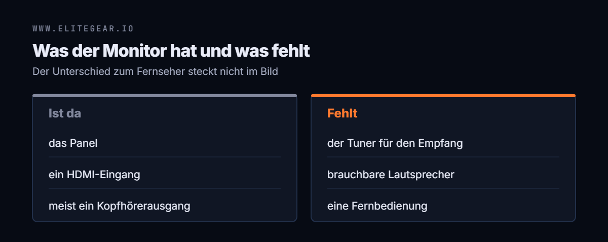 Gegenüberstellung: vorhanden sind Panel, HDMI-Eingang und meist ein Kopfhörerausgang; es fehlen Tuner, brauchbare Lautsprecher und eine Fernbedienung