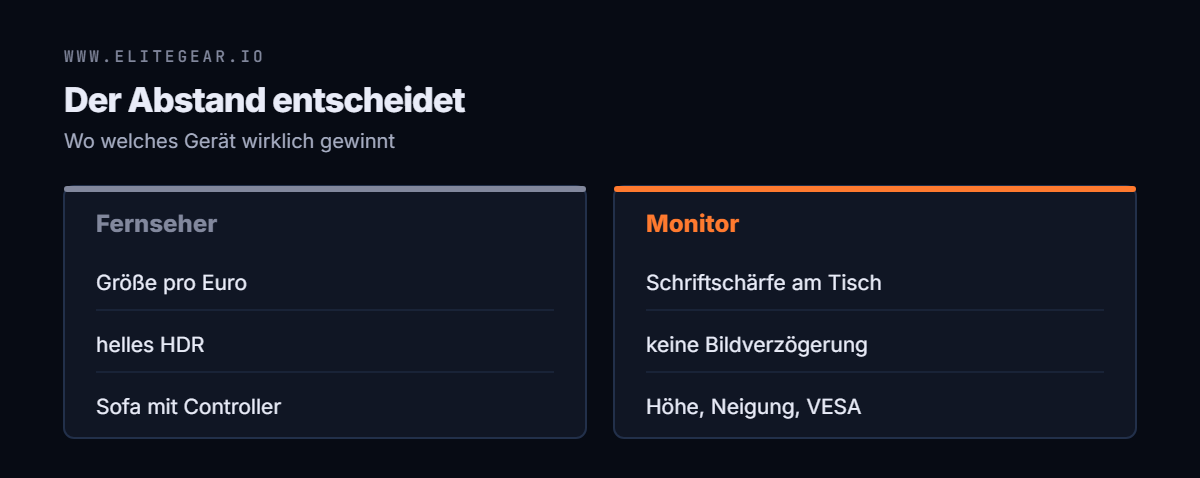 Gegenüberstellung: der Fernseher gewinnt bei Größe pro Euro, HDR und Sofa-Spielen, der Monitor bei Schriftschärfe, Verzögerung und Ergonomie