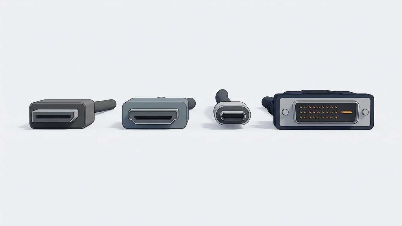 Illustration: vier Steckerformen nebeneinander auf gleicher Grundlinie — ein flacher Stecker mit einer abgeschrägten Ecke, ein breiter Stecker mit schräg zulaufender Unterkante, ein kleiner ovaler Stecker und ein breiter rechteckiger Stecker mit Stiftfeld