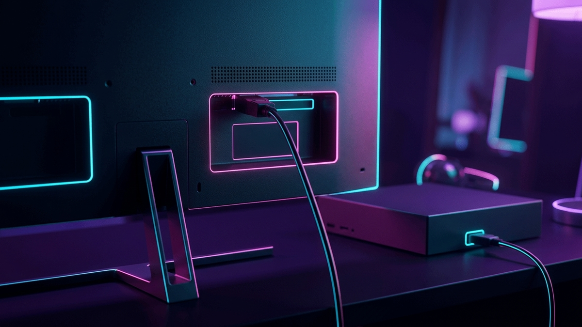 Illustration: Rückseite eines Monitors mit eingestecktem HDMI-Kabel, das zu einer schlichten Spielkonsole auf einem dunklen Schreibtisch führt