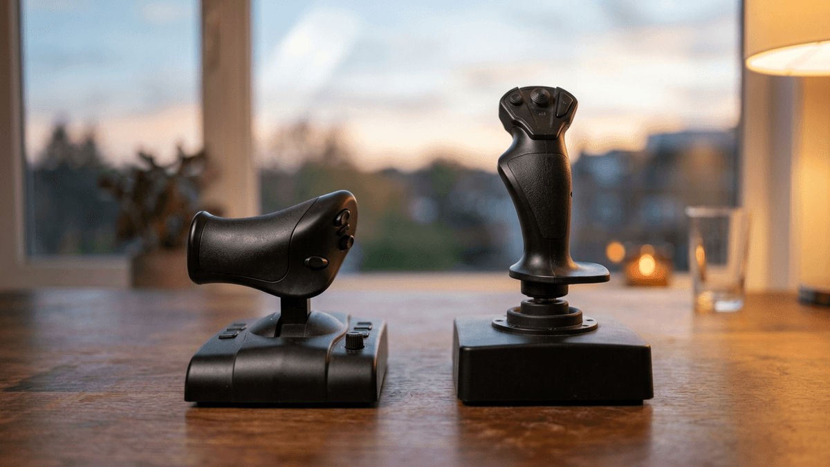Illustration: ein Joystick und ein separater Schubhebel auf einem Holztisch vor einem Fenster mit Abendhimmel