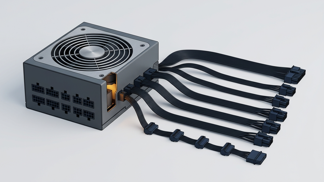 Illustration: modulares Netzteil mit aufgefächertem Kabelsatz — breiter Mainboardstecker, schmalere Prozessorstecker, mehrere Grafikkartenstränge