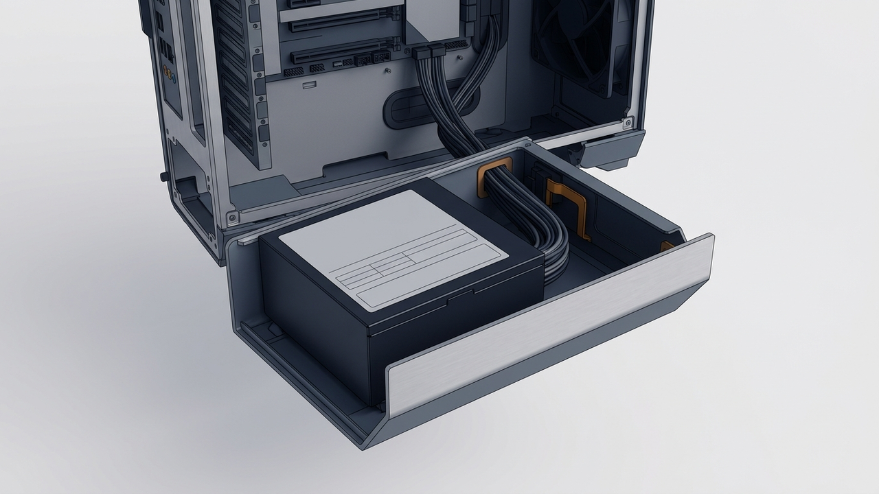 Illustration: ein offenes PC-Gehäuse mit einem Netzteil in der Bodenkammer, auf dem Netzteil ein großer Aufkleber mit leeren Feldern