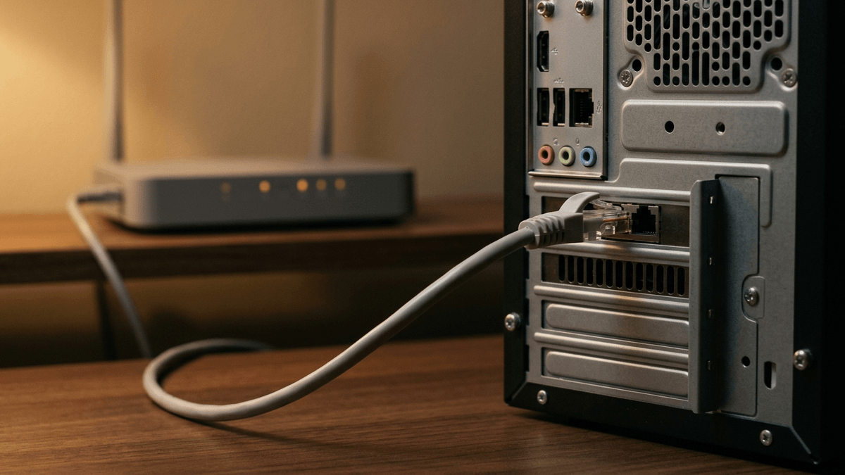 Illustration: ein Netzwerkkabel steckt in der Rückseite eines PCs, im Hintergrund unscharf ein Router