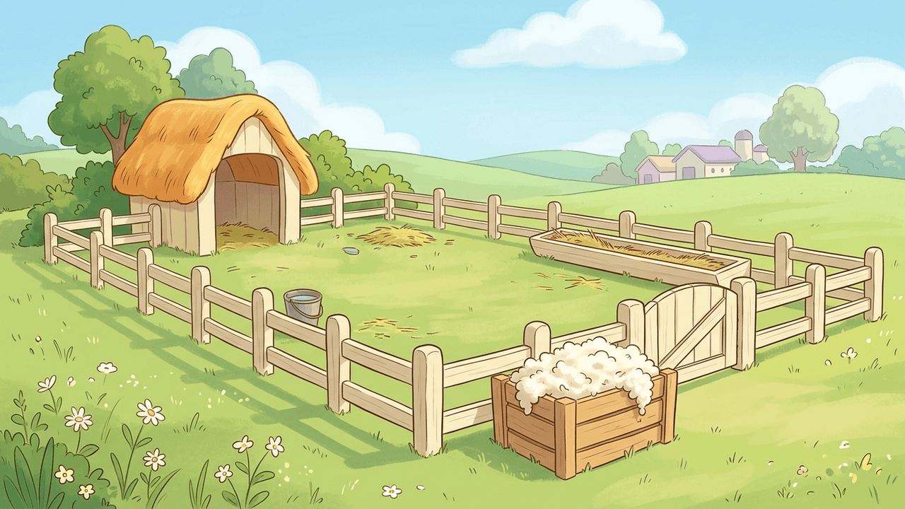 Illustration: ein einfaches Farmgehege mit Futtertrog und Sammelkiste