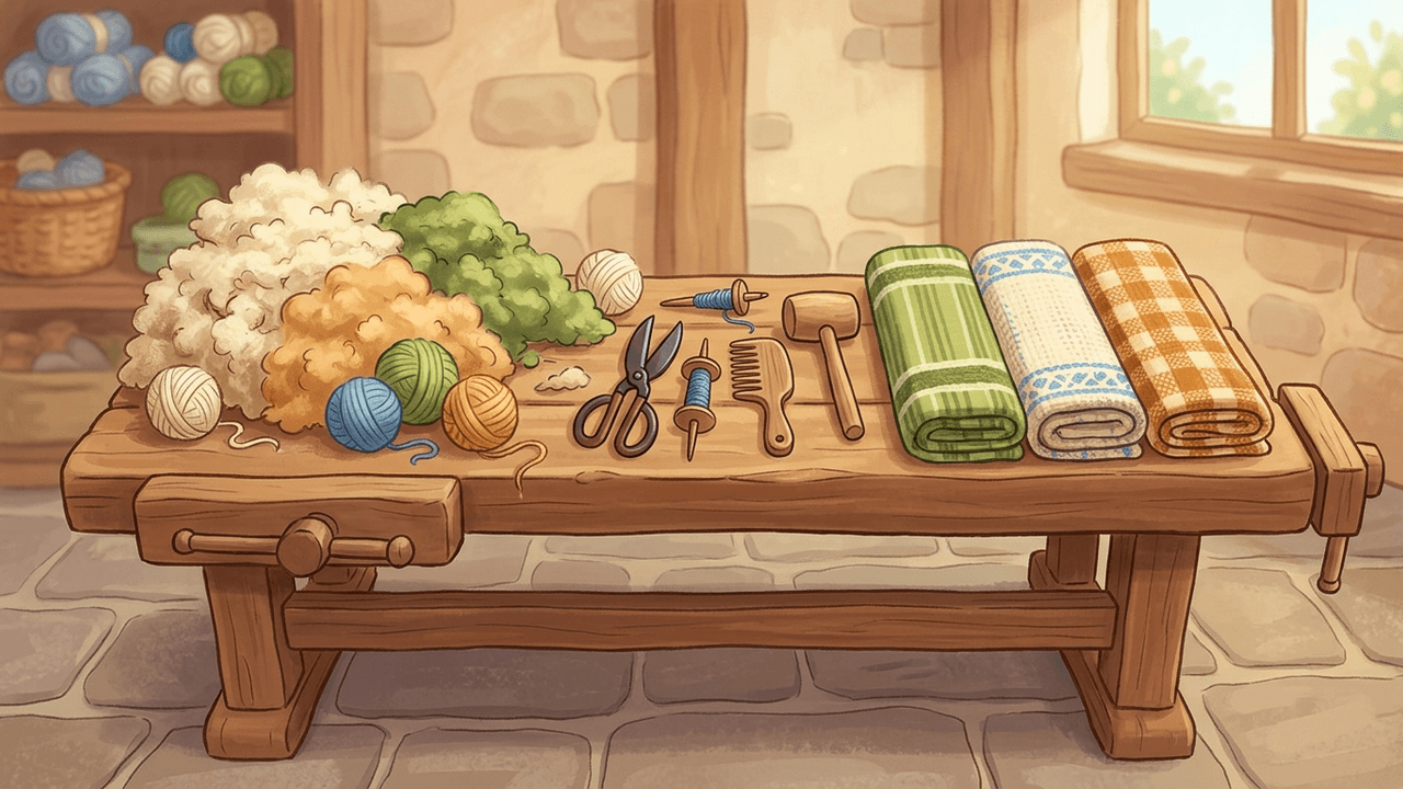 Illustration: eine Werkbank mit Wollknäueln links und fertigen Stoffballen rechts
