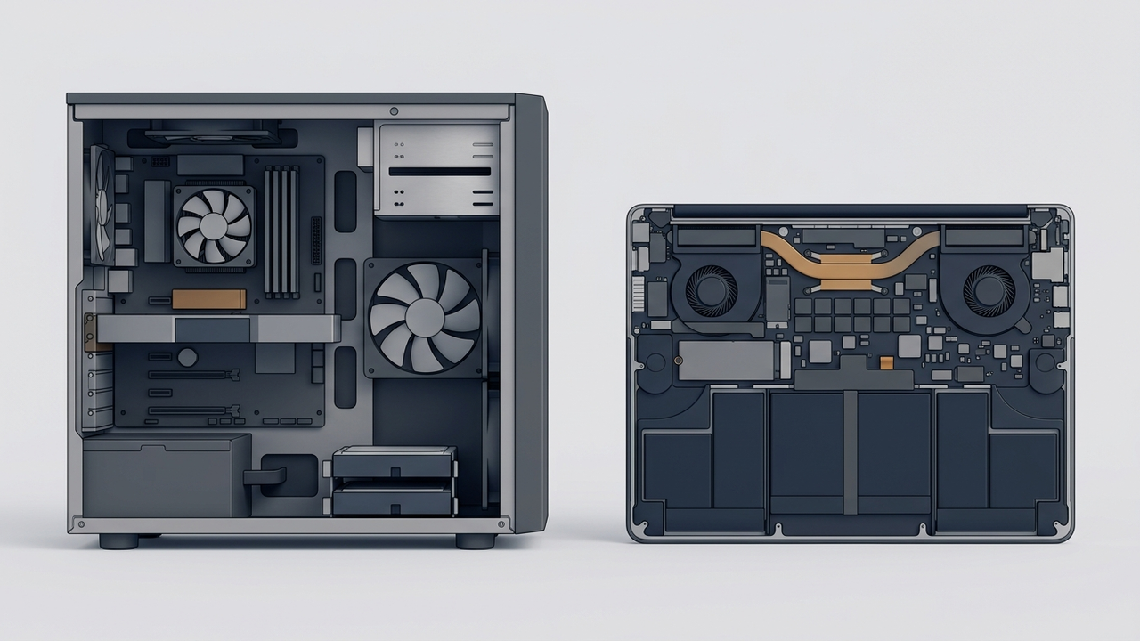 Illustration: links ein offenes Rechnergehäuse von der Seite mit viel Luft zwischen den Bauteilen, rechts ein geöffneter Laptop von unten mit dicht gepackten Bauteilen