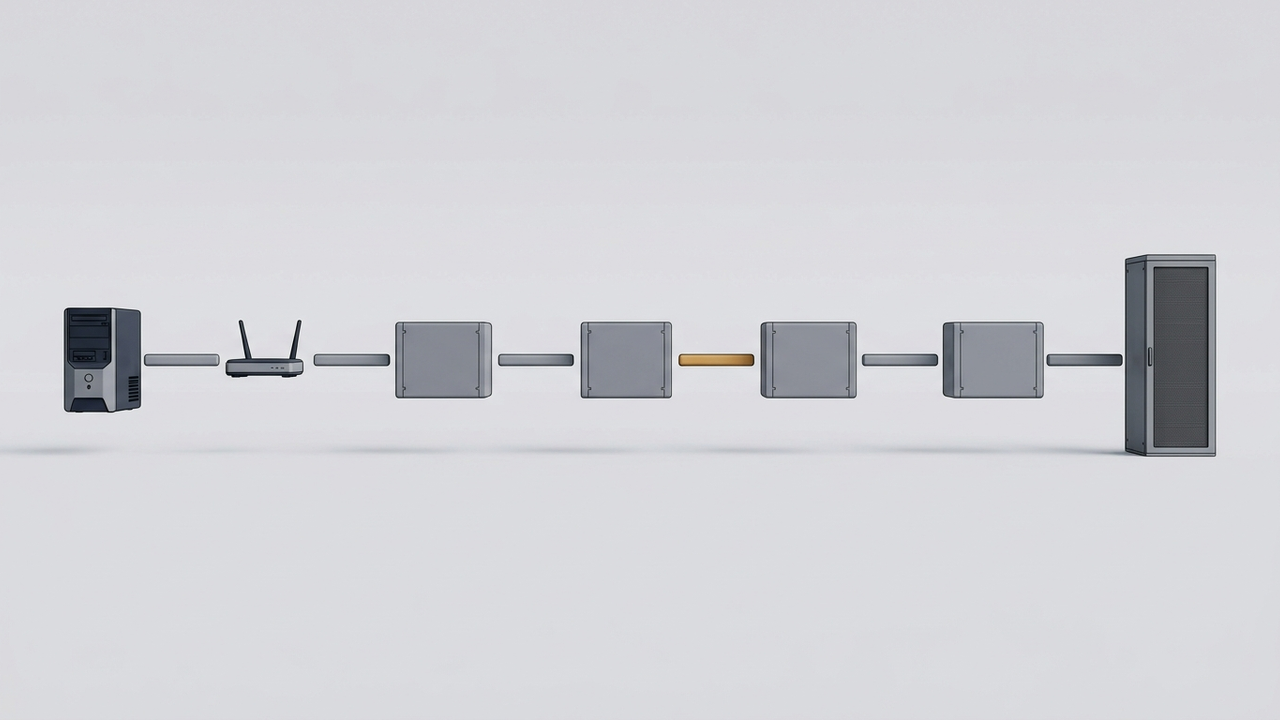 Illustration: eine Kette aus verbundenen Punkten, links ein Rechner, dann ein Router, dann mehrere gleichartige Stationen bis zu einem Server rechts, ein Abschnitt in der Mitte farbig hervorgehoben