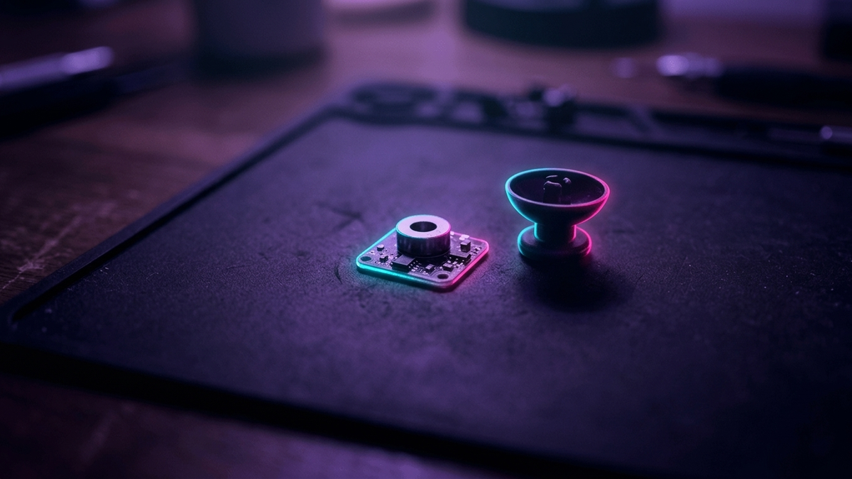 Illustration: geöffneter Analogstick eines Gamepads mit kleinem Ringmagneten über einer Sensorplatine