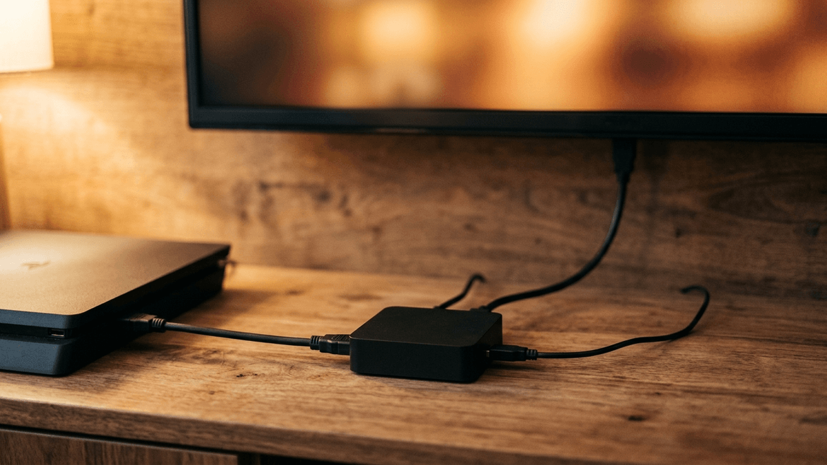 Illustration: eine kleine Box mit einem HDMI-Kabel von der Konsole, einem HDMI-Kabel zum Fernseher und einem USB-Kabel zur Seite