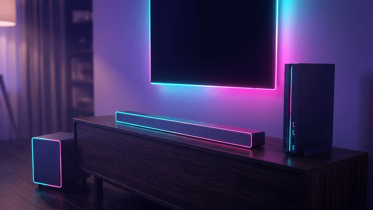 Illustration: eine erfundene flache Soundbar auf einem dunklen Lowboard unter einem ausgeschalteten Fernseher, daneben eine erfundene Spielkonsole und ein Subwoofer-Würfel, warmes Abendlicht, keine Markenzeichen