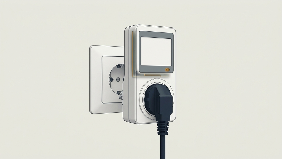 Illustration: ein weißes Steckdosen-Messgerät mit leerer, unbeschrifteter Anzeige, in eine Wandsteckdose gesteckt, darunter ein schwarzer Stecker mit Kabel
