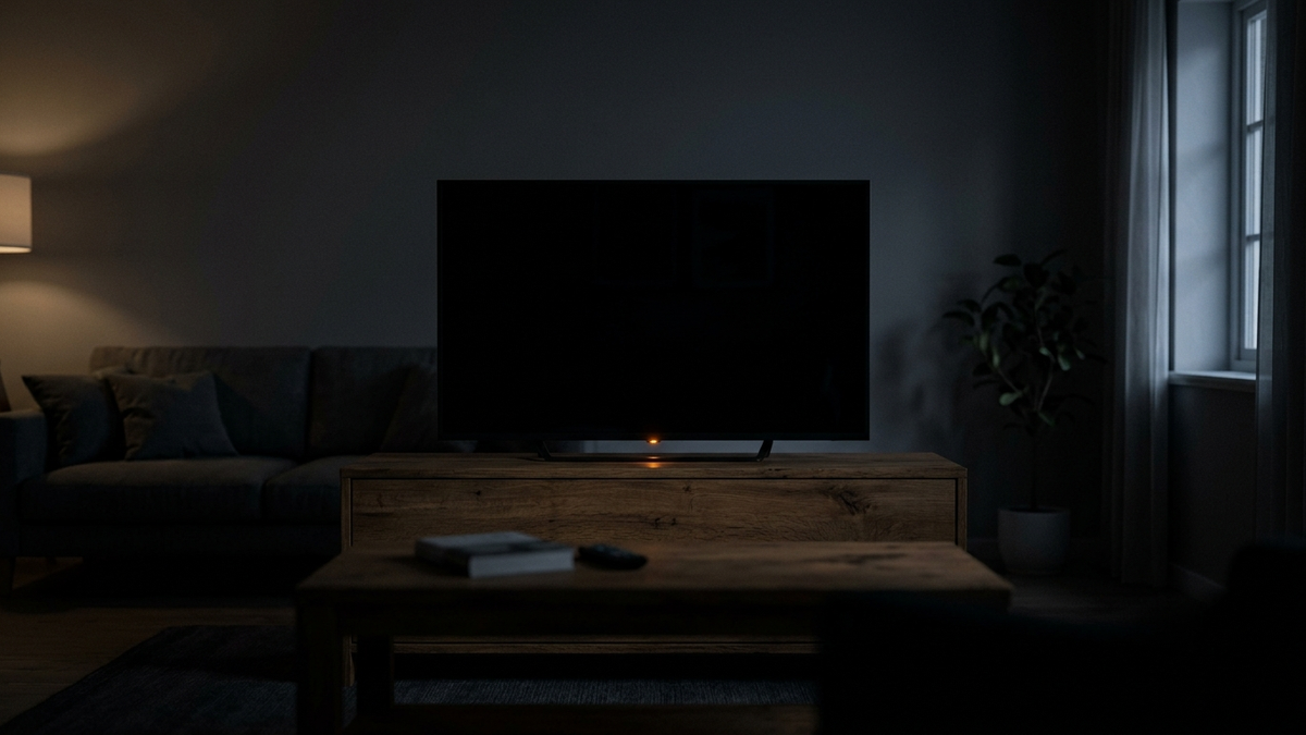 Illustration: ein dunkles Wohnzimmer am Abend, ein ausgeschalteter Fernseher auf einem Lowboard, darunter ein einzelnes kleines orangefarbenes Bereitschaftslicht, links ein Sofa im Schatten