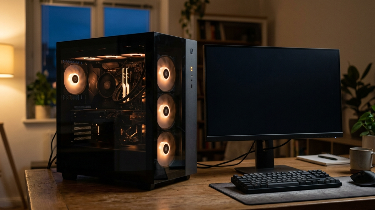 Illustration: ein PC mit leuchtenden Lüftern und kleiner oranger Betriebsleuchte auf einem Schreibtisch, daneben ein eingeschalteter Monitor mit schwarzem Bild