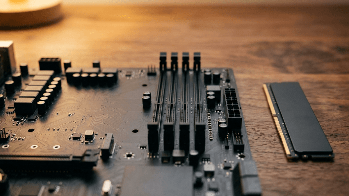 Illustration: vier leere Speichersteckplätze auf einem Mainboard, daneben liegt ein einzelner Riegel noch nicht eingesteckt