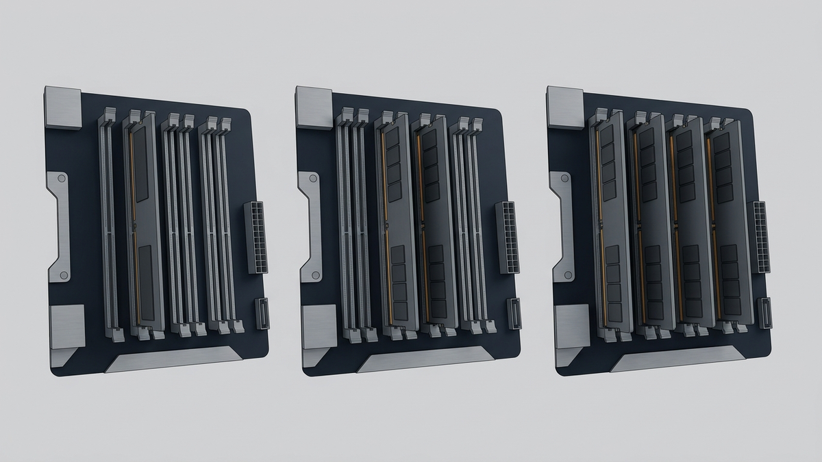 Illustration: drei gleiche Mainboard-Ausschnitte nebeneinander mit je vier Speicherbänken, links ein Riegel, in der Mitte zwei, rechts vier eingesetzt
