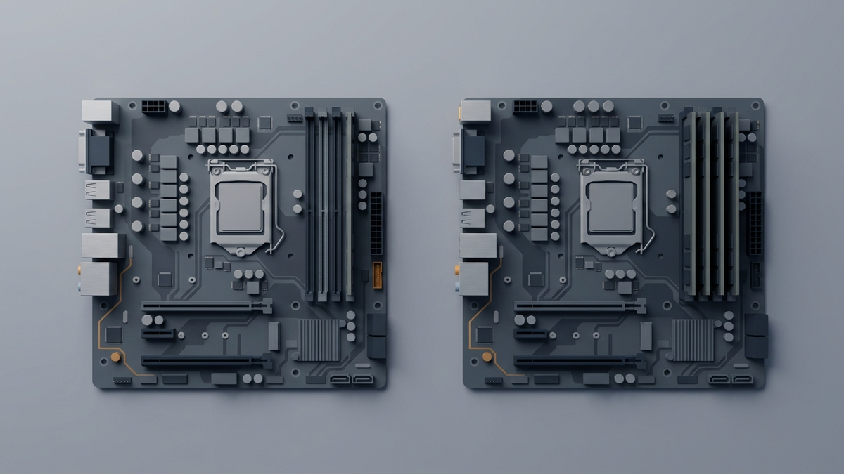 Illustration: zwei gleiche Mainboards nebeneinander, links zwei Speicherriegel eingesetzt und zwei Bänke frei, rechts alle vier Bänke belegt
