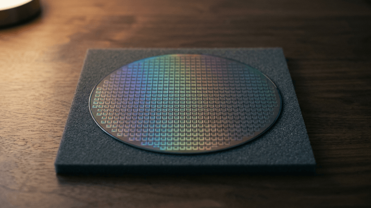 Illustration: ein Silizium-Wafer mit schimmerndem Raster aus Chipflächen auf einer grauen Unterlage