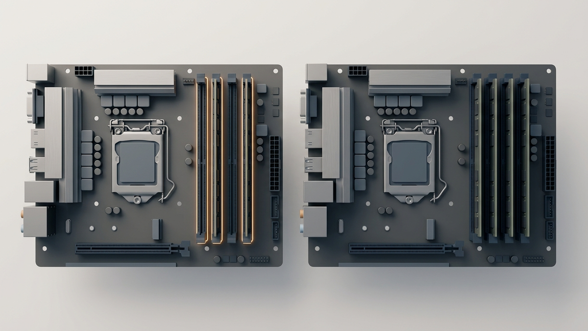 Illustration: zwei gleiche Mainboards nebeneinander, links zwei Speicherriegel im zweiten und vierten Steckplatz hervorgehoben, rechts alle vier Steckplätze belegt
