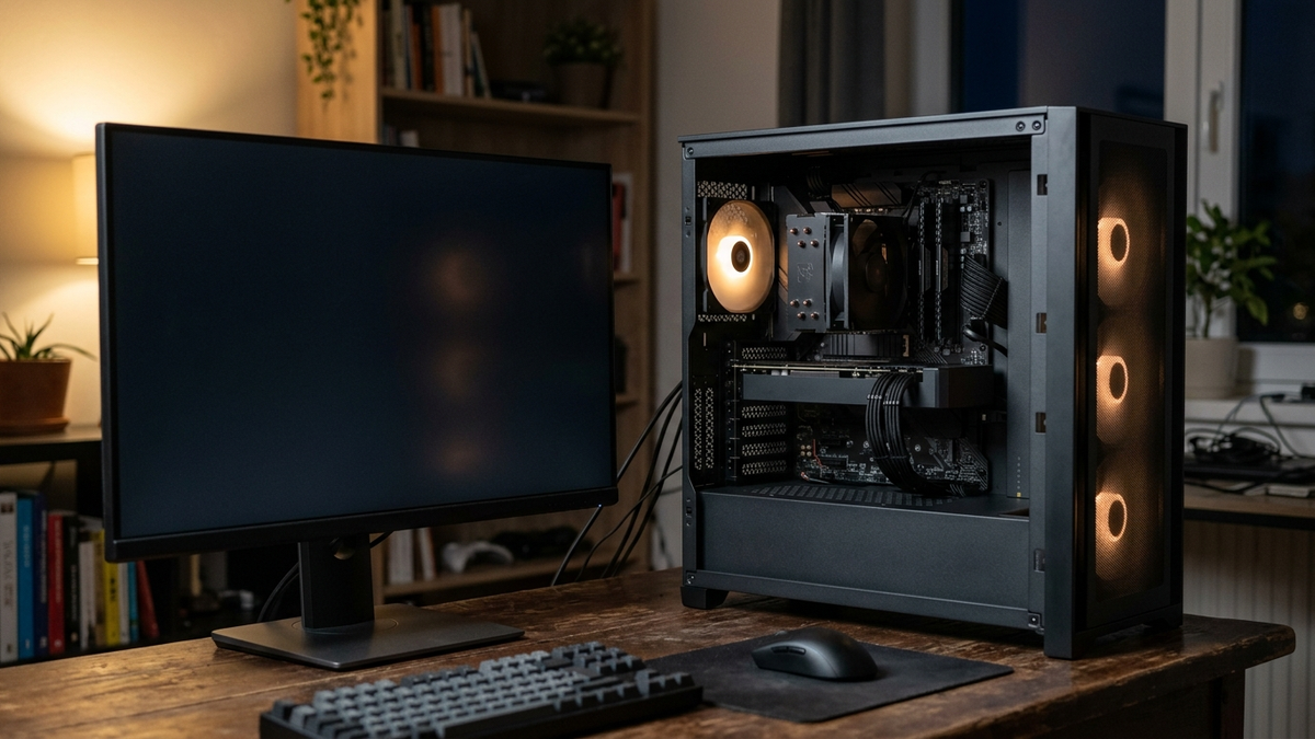 Illustration: ein PC mit offenem Seitenteil und leuchtenden Lüftern auf einem Schreibtisch, daneben ein eingeschalteter Monitor mit schwarzem Bild