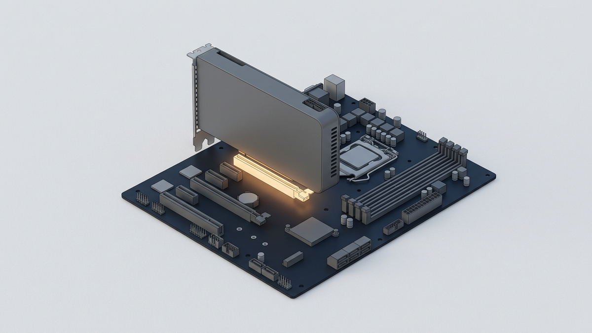 Illustration: eine schlichte Grafikkarte steckt im oberen langen Steckplatz eines Mainboards, der Steckplatz ist mit einem warmen orangen Licht hervorgehoben
