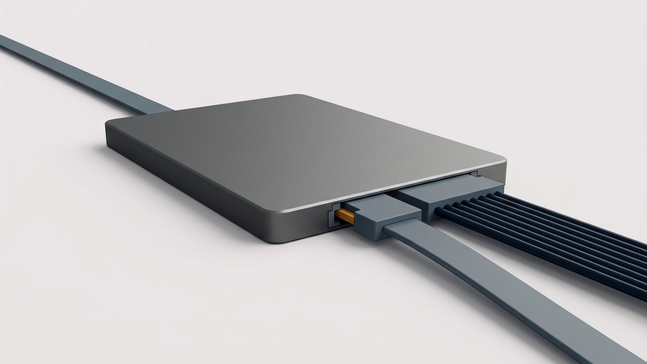 Illustration: eine flache SSD mit zwei Steckern an der Stirnseite, links ein schmaler flacher Stecker, rechts ein breiterer mit vielen Einzeladern