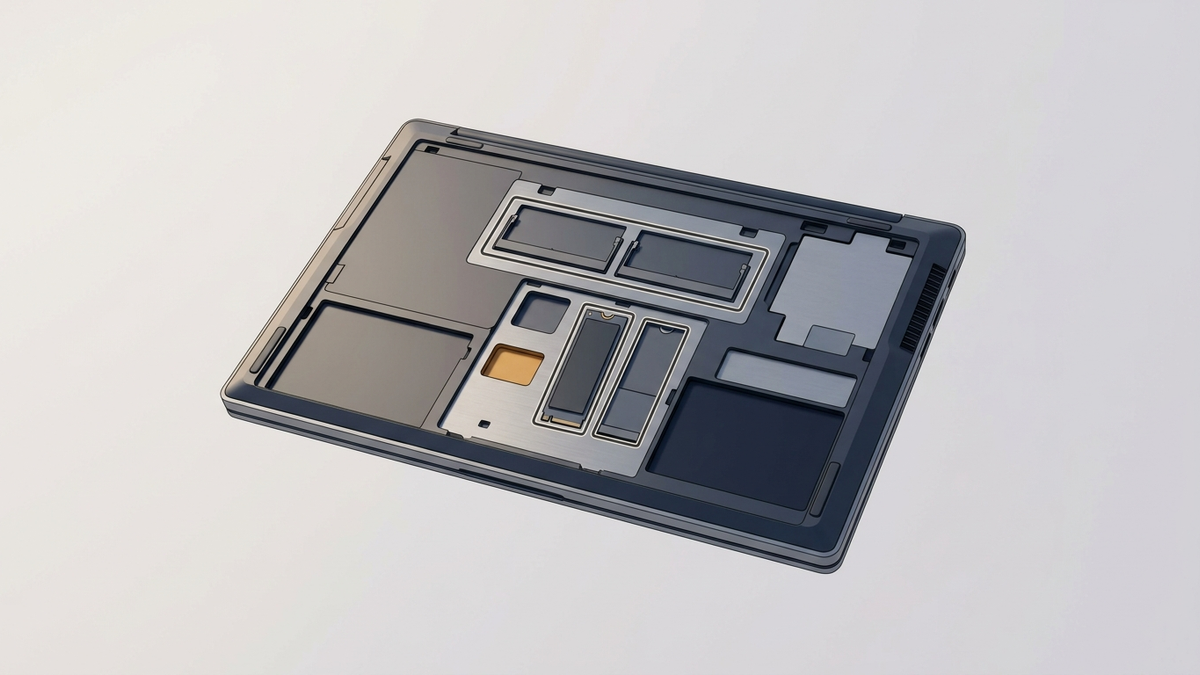 Illustration: technische Erklärtafel eines schlichten Laptops von unten mit abgenommener Bodenplatte, innen mehrere rechteckige Module und Steckplätze